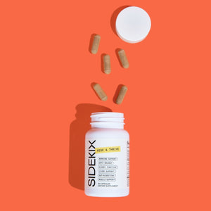Sidekix Dietary Supplement bottle, Rise & Thrive product, open with capsules spread on orange background