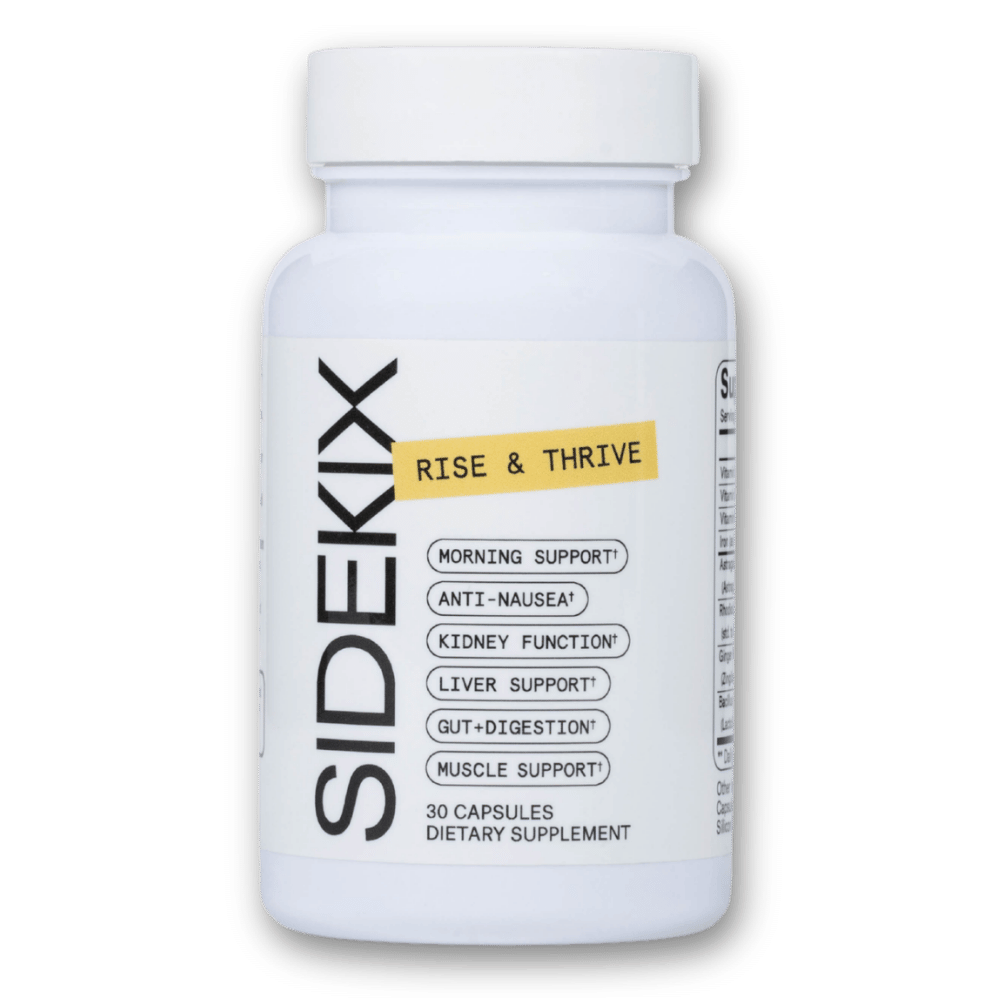 Bottle of Sidekix Dietary Supplement, Rise & Thrive product. Bottle lists morning support†, anti-nausea†, kidney function†, liver support†, gut+digestion†, muscle support†, 30 capsules.