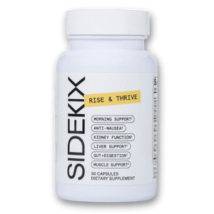 Bottle of Sidekix Dietary Supplement, Rise & Thrive product. Bottle lists morning support†, anti-nausea†, kidney function†, liver support†, gut+digestion†, muscle support†, 30 capsules.