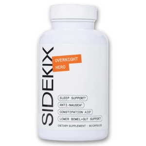 Bottle of Sidekix Dietary Supplement, Overnight Hero product. Bottle lists sleep support†, anti-nausea†, constipation aid† and lower bowel+gut support†, 90 capsules.